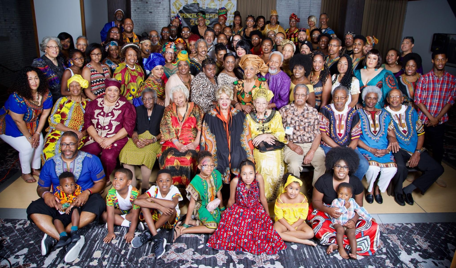The full Spencer family gathered in African print attire at the 2019 Spencer Family Reunion